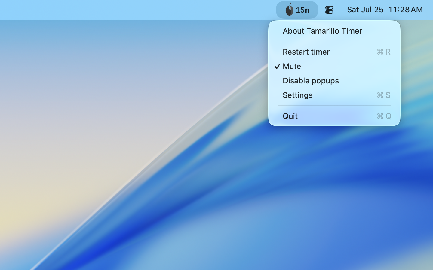 The menu bar dropdown with Restart timer, Mute, Disable popups, and Settings