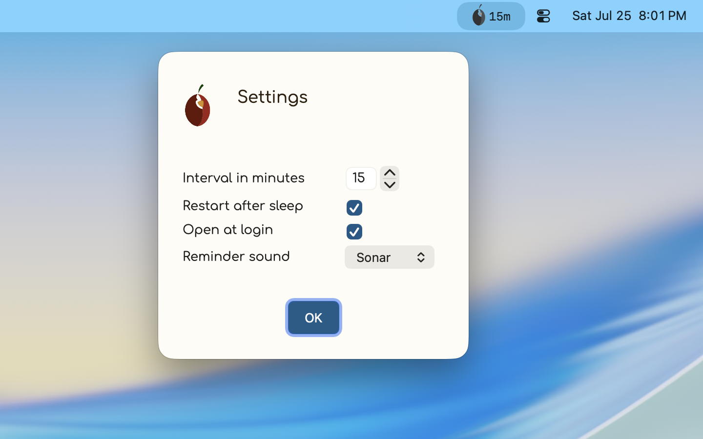 The Settings panel: interval in minutes, restart after sleep, open at login, reminder sound
